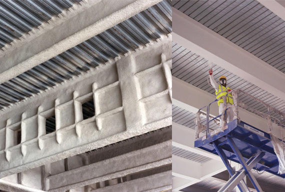 image of a man applying fireproofing to a commercial building ceiling